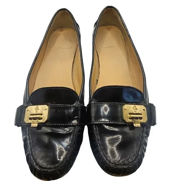 Cole Haan Patent Black Leather Shoes Talia Slip On Gold Hardware Sz 9.5 - Picture 3 of 9